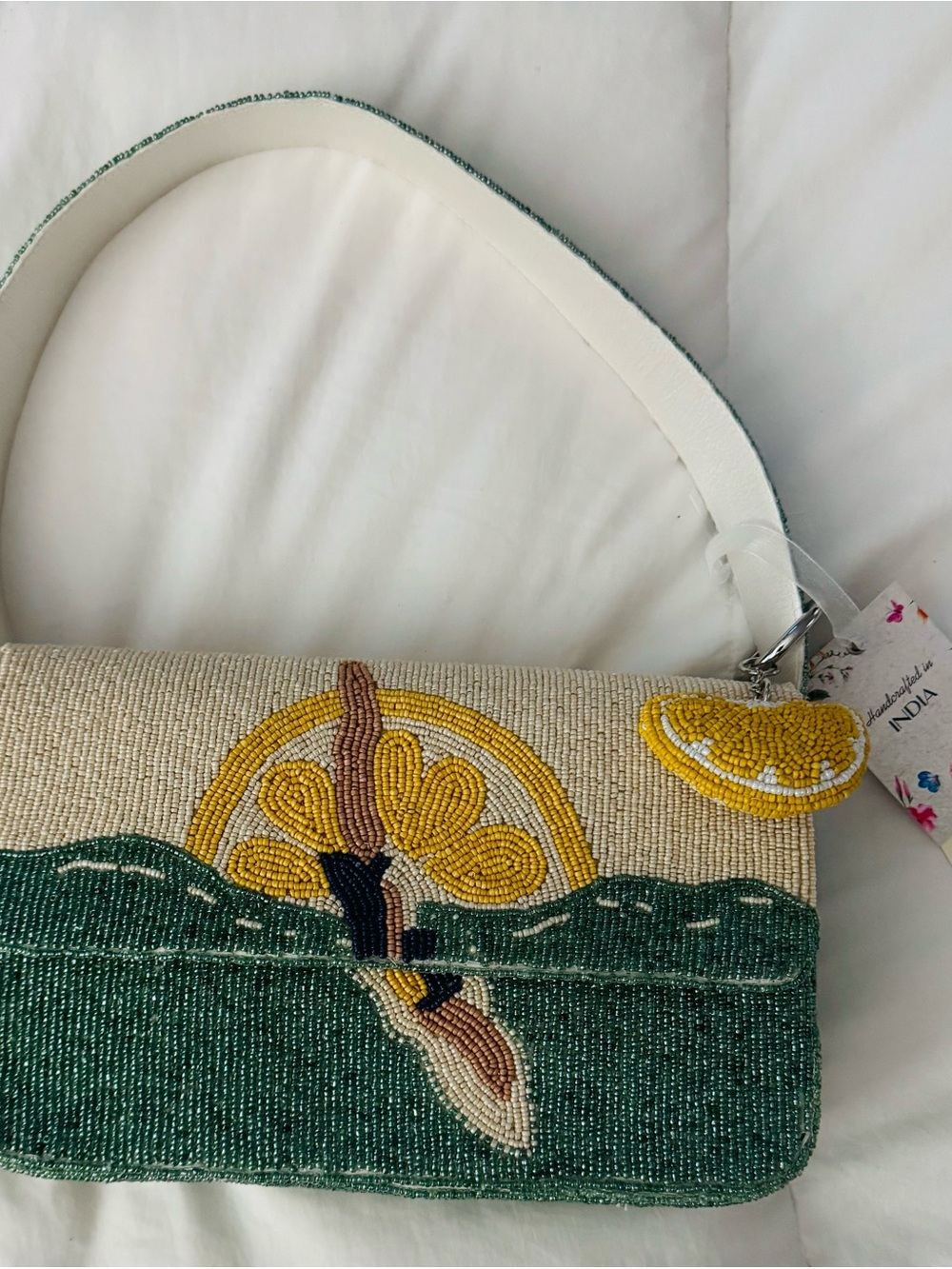Beaded Lemon Motif Shoulder Bag in Green and Cream